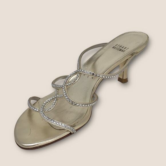 Stuart Weitzman Gold & Silver Leather Mules Crystal Embellished Kitten Heels 8.5 - Picture 1 of 9